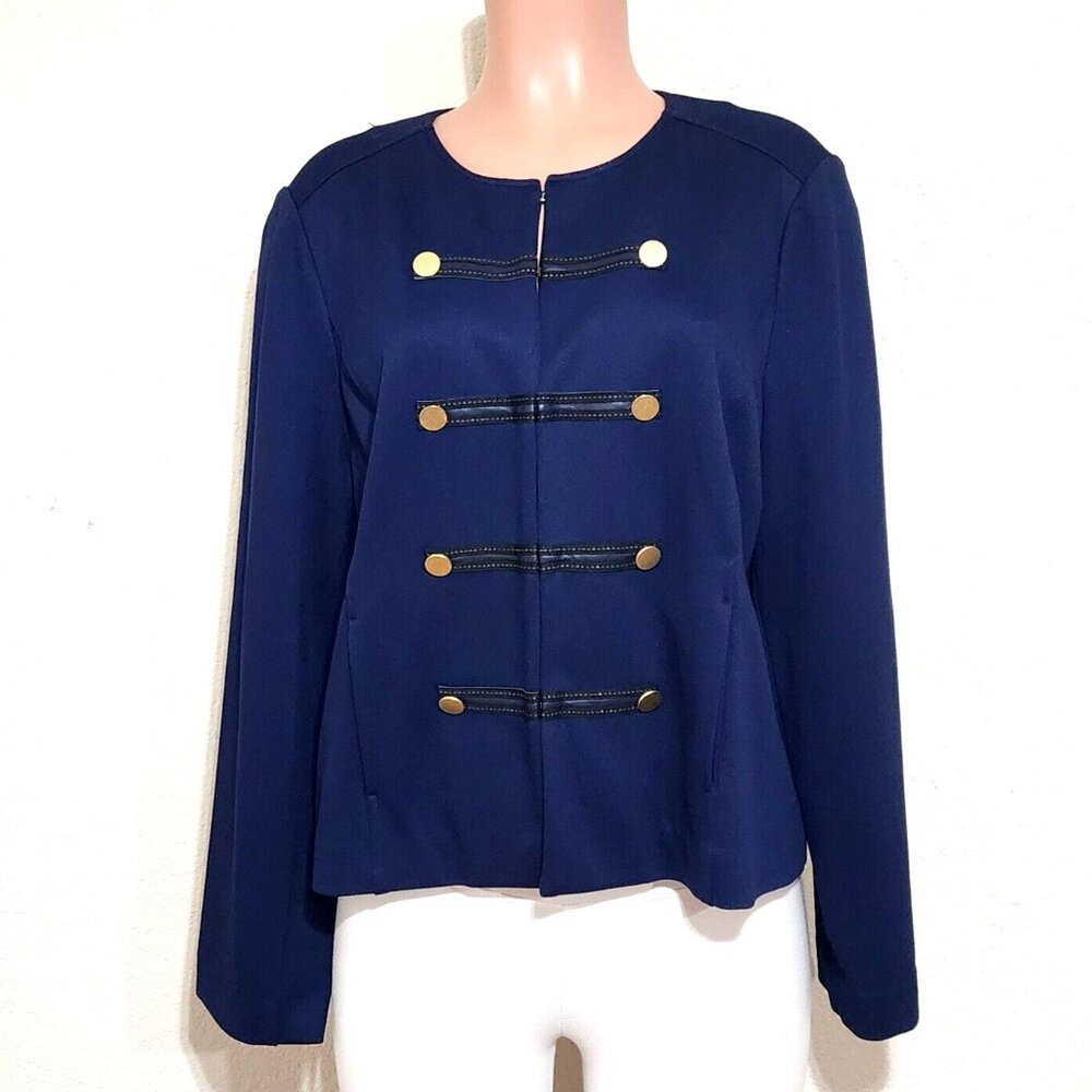 Chico's Navy Blue Blazer Jacket Gold Buttons Stitching Hook Front